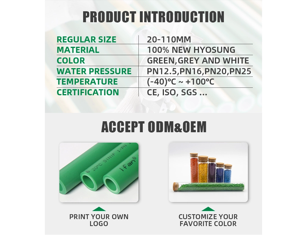 Ifan Free Sample 100% Raw Material Plumbing Pipes 20-110mm PPR Pipes Size Plastic Pn20 Dark Green PPR Water Pipe